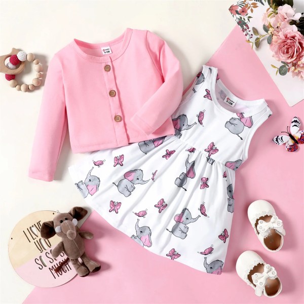 2st Baby Girl Set Rosa långärmad kofta med tecknad elefant och print Ärmlös set Pink 12-18 Months