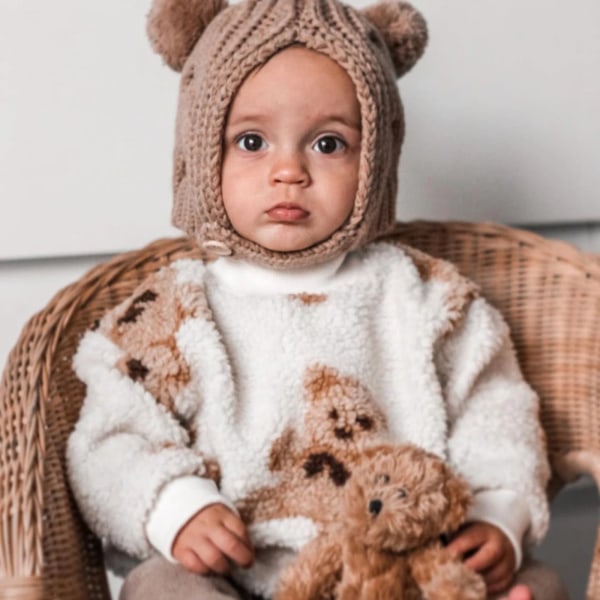 Toddler flicka/pojke Björn Print Mock Neck Fuzzy Sweater White 5-6Years