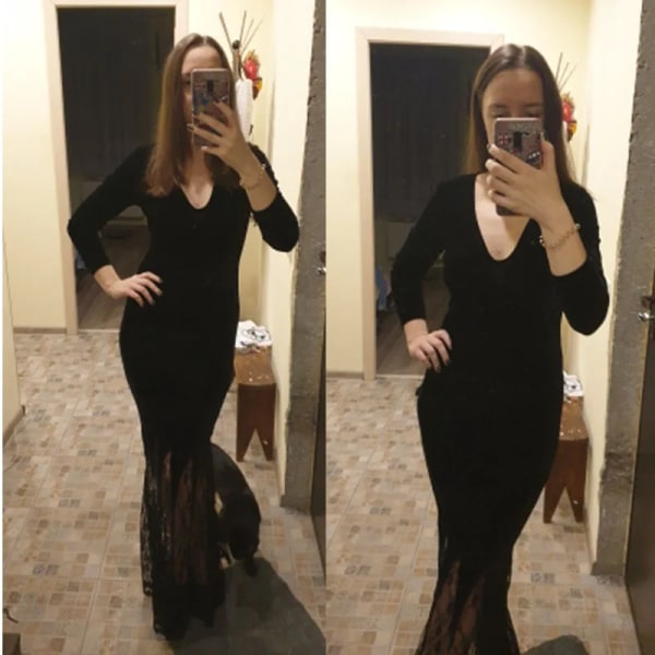 Halloween Cosplay Morticia Addams Spöke Häxadräkt Vuxna Kvinnor Skräck Svart gotisk Spetsklänning Klänning Morgonrock Klänning Fest Karneval Black XXXL