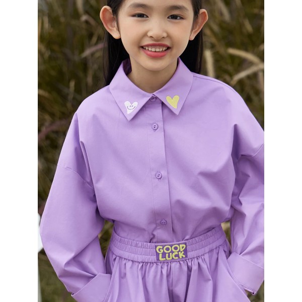 Barnkläder Flickuppsättningar Blus Vår 4-6 år långärmad lös bokstav Skjortor i koreansk stil Casual Toppar Shorts Byxor 22341019 purple 155cm