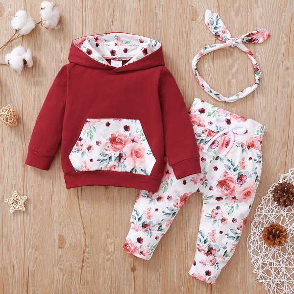 3st Baby Girl Kläder 95% bomull Långärmad hoodie och blommiga print med pannband Baby Set Burgundy 12-18 Months