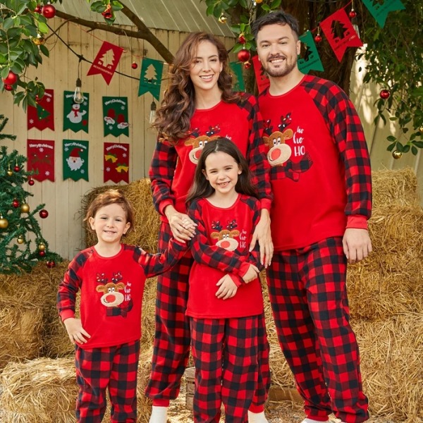 Julfamiljsmatchande pyjamas Renbroderad pläd förtjockad polarfleecepyjamasset (flammsäker） redblack Kids 2 Years