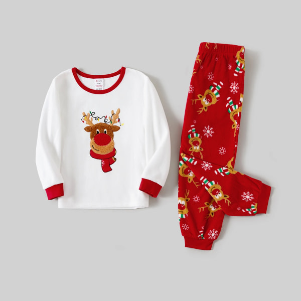 Julfamiljsmatchande färgblock med renbroderi Långärmad pyjamasset (flammsäker) Red Baby12-18M