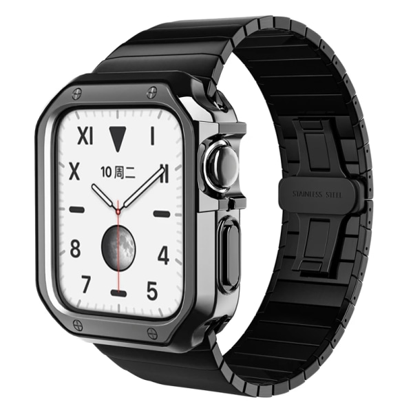 Metallrem + Mjuk TPU Case För Apple Watch 7 45mm 41mm 6 5 SE 44mm 40mm Rostfritt stål Watch Armband För iwatch 3 42mm 38mm Black A For 41mm