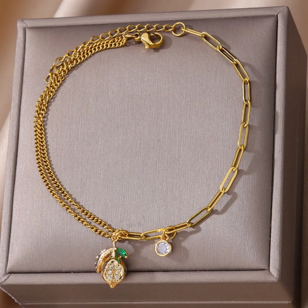 Zirkon Lotus Vristlänkar För Kvinnor Rostfritt Stål Guld Färg Blomma Lotus Anklet Armband Fotkedja Julfest Smycken Present HJ363G