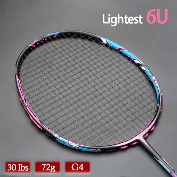 Olika sidor 100% kolfiber Badmintonracket Strung Super Light 6U 72g 22-30lbs Professionell racket med väskor Strängar Black thong