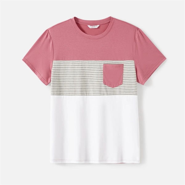 Familjematchande outfits Allover print Strappy-klänningar och kortärmade randiga Colorblock T-shirts-set Pink Men XL
