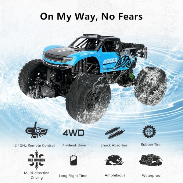 4WD 1:10 Storskalig Amfibie Vattentät RC-bil Enkel backklättring Antikollision Terrängracing i terräng Buggy RC Toy Blue Car 1Battery