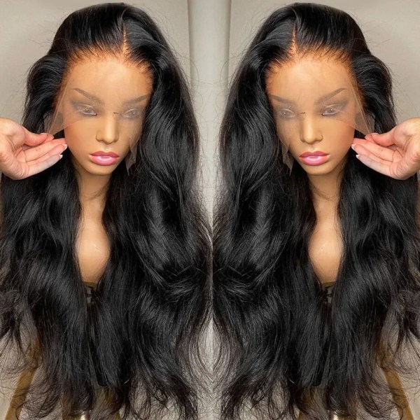 Brazilian 360 Transparent Människohår Spets Peruk Body Wave Frontal Peruk för Svarta Kvinnor Lösvatten Vågigt Spets Front Människohår Peruk 16inches 4x4 Lace Wig