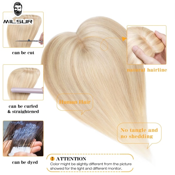 Människohår Topper För Kvinnor Naturligt hår Peruker 12x13cm Clip In Topper Blont raka hårstycken Andas Silk Base Hårperuk 1001 25CM (45g)