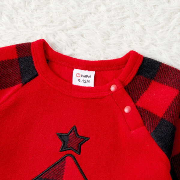 Julfamilj Matchande Xmas Tree Broderad Röd Pläd Raglan-ärm Förtjockad Polar Fleece Pyjamas Set redblack Kids4-5Years