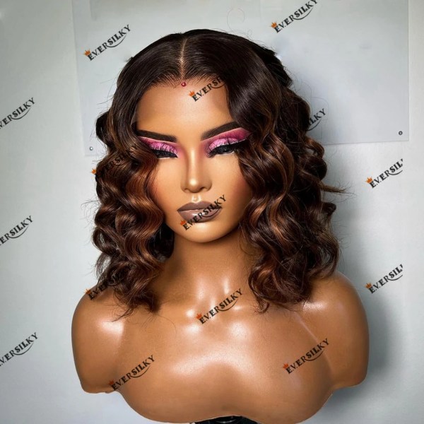 Deep Wave Caramel Highlight Brown Bob Frisyr Brasiliansk Remy Hair Spets Frontal Peruk för svarta kvinnor 180 Densitet 13x6 Spets 13X4 lace front wig 14inches