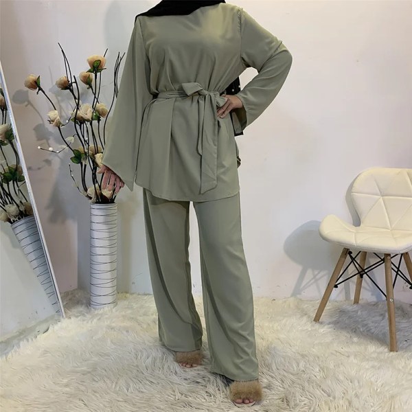 Eid Mubarak Kaftan Dubai Abaya Turkiet Muslimsk mode Hijab Klänning Sets Islam Kläder Abayas För Kvinnor Musulman Ensembles De Mode Green Set L