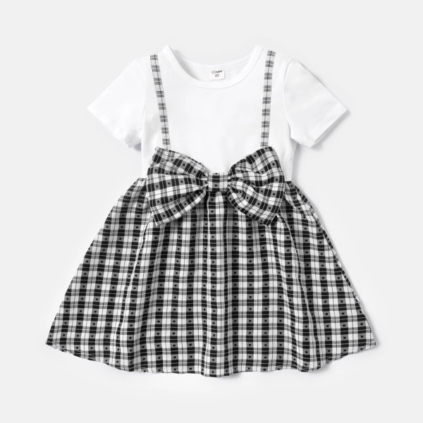 Toddler Girl Bowknot Design Pläd Splice Kortärmad Klänning BlackandWhite 3-4Years