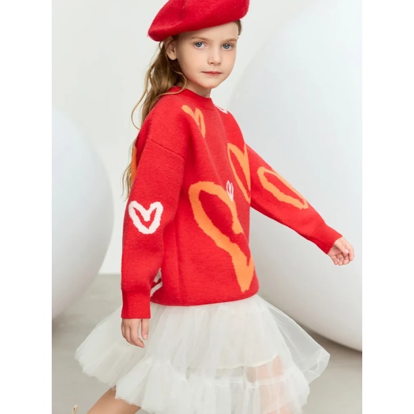 Barn Barntröjor för tjejer Vinter Nytt mode Basics Cashmere Warm 2023 Heart jacquard stickade toppar med o-hals 22344013 red 120cm