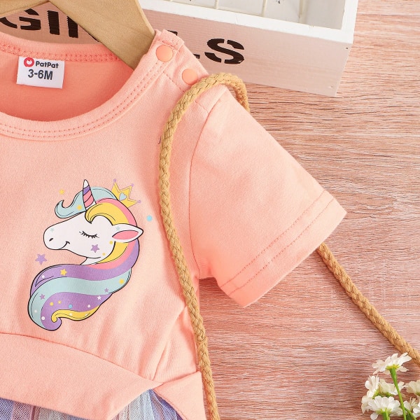 Baby Girl Bomull Kortärmad Unicorn Print Faux-two Mesh Klänning Pink 6-9 Months