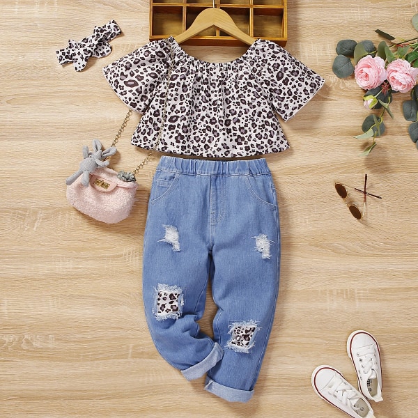 2st Toddler Girl Trendig Leopard Kortärmad Top och Ripped Jeans Set Brown 5-6 Years