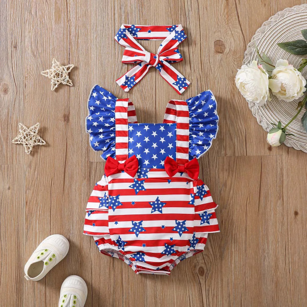 Independence Day 2st Baby Girl Flutter-sleeve Body och Pannband Set Colorblock 12-18Months