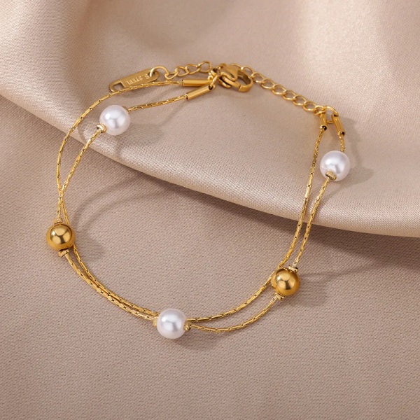 Rostfritt stål guldfärgad pärlormband för kvinnor mode geometrisk dubbelkedja armband fest smycken gåva Bijoux Femme 19cm B1290G