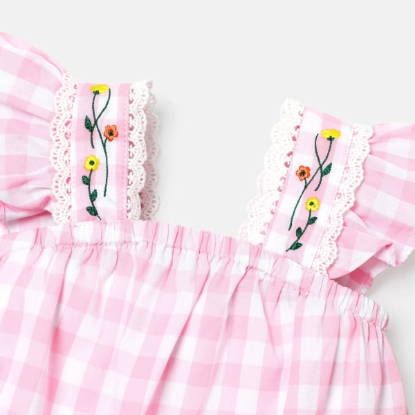 2st Baby Girl 100% bomull Rosa Gingham Lace Detail Fladderärm Romper & Pannband Set Pink 6-9 Months