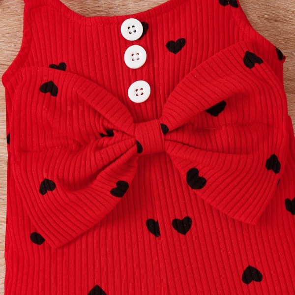 Baby Girl Bomull Ribbad Allover Heart Print Rosett Front Ruffle Trim Cami Romper Red 12-18 Months