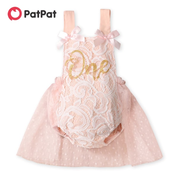 Baby blommig spets och mesh Splicing ärmlös bokstav Romper Party Dress Pink 18-24 Months