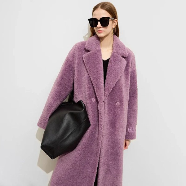 Minimalistisk lammullsrock för kvinnor 2023 Vinter Nytt slagkrage Långt brevbroderi Cashmere Coat Snow Wear 12344170 Grayish purple S