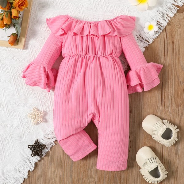Baby Girl Solid Ribbed Off Shoulder Ruffle Bell Sleeve Jumpsuit Pink 0-3 Months