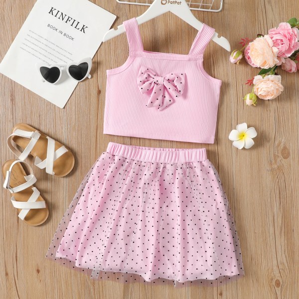 2st Kid Girl 3D Bowknot Design Camisole och prickiga Mesh Kjol Set Pink 6-7 Years