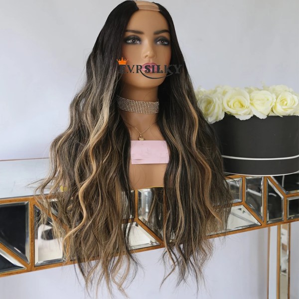 Höjdpunkter Blond Naturlig Vågig V-del Peruk Mellanöppen Ombre Body Wave 100% Människohår Peruk Brasiliansk U-form Full End Machine 130density 10inches