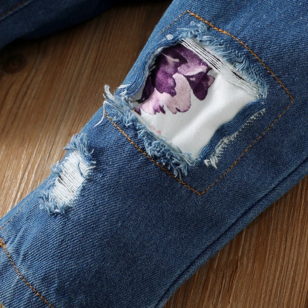 2st Baby Girl Allover Print Volanger Långärmad topp och 95 % bomull Ripped Jeans Set Purple 18-24Months
