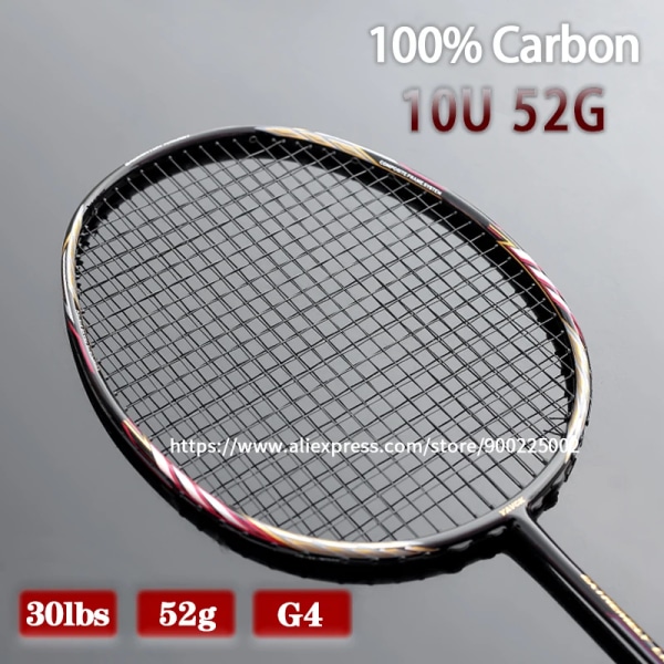 Lättaste 10U 100% kolfiber badmintonracket med strängar påsar 22-30LBS G4 Professionell träningsracket Sport för vuxna Black