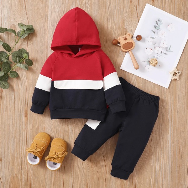 2st Baby Color Block Långärmad hoodie och byxa set Red 3-6Months