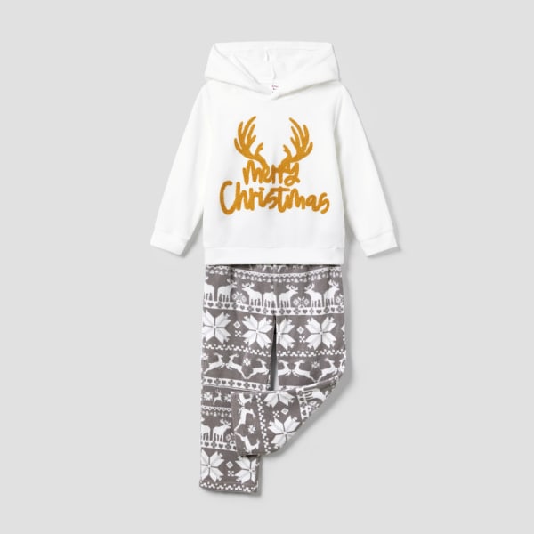 Julfamiljsmatchande bokstäver Broderade långärmade pyjamasset med huva i fleece (flammsäker) White MenXXL