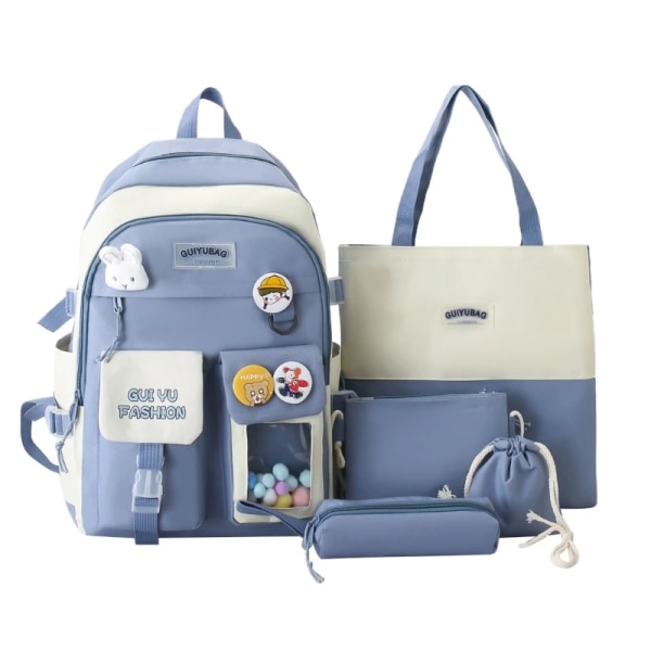 5 st Söt skolryggsäck med axelväska Handväska Pennfodral Case Multi Bokväska Student Dagsäck Blue