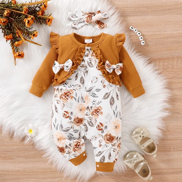 2st Baby Girl 95% bomull Faux-två ribbstickad volangkant rosett Front Print Jumpsuit med Pannband Set Brown 12-18Months