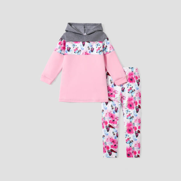 2-delad Kid Girl Blommönster Print Hoodie Sweatshirt och elastiska byxor Set Grey 4-5Years