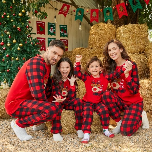 Julfamiljsmatchande pyjamas Renbroderad pläd förtjockad polarfleecepyjamasset (flammsäker） redblack Kids 6-7 Years