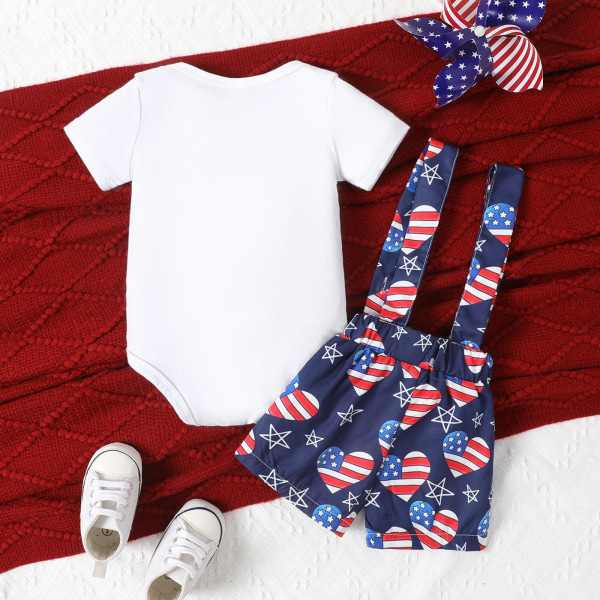 Independence Day 2st Baby Boy Letter Print Body och Heart Stars Print Suspender Shorts Set Tibetanblue 6-9Months