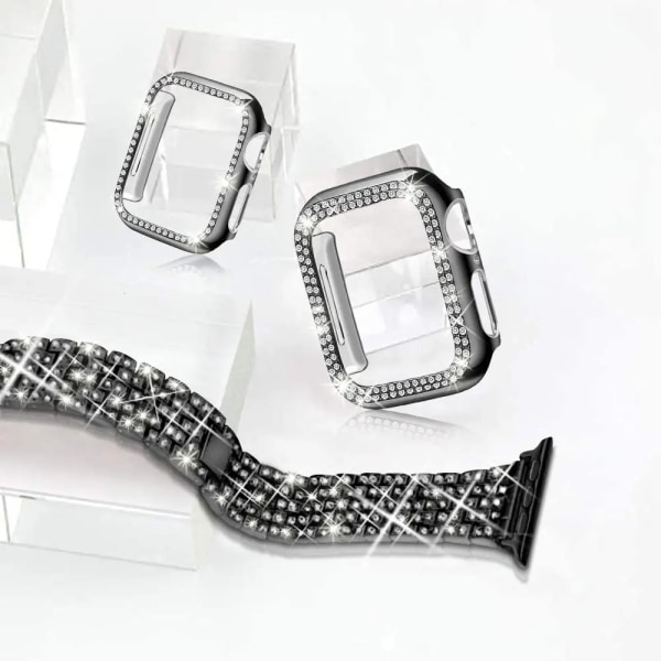Diamant metallrem+ case För Apple watch 8 7 45mm 41mm 6 5 4 SE 44 mm 40mm lyxigt armband armband För iwatch 3 2 42mm 38mm Black For iwatch 38mm