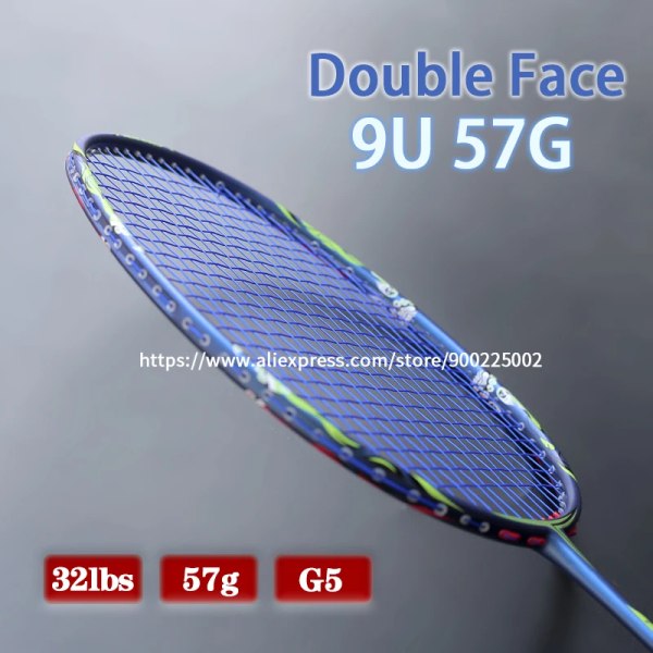 Professionell superlätt 9U 57 gram kolfiber badmintonracket strängad 32LBS G5 racket med strängväskor Racket Speed ​​Sports Blue