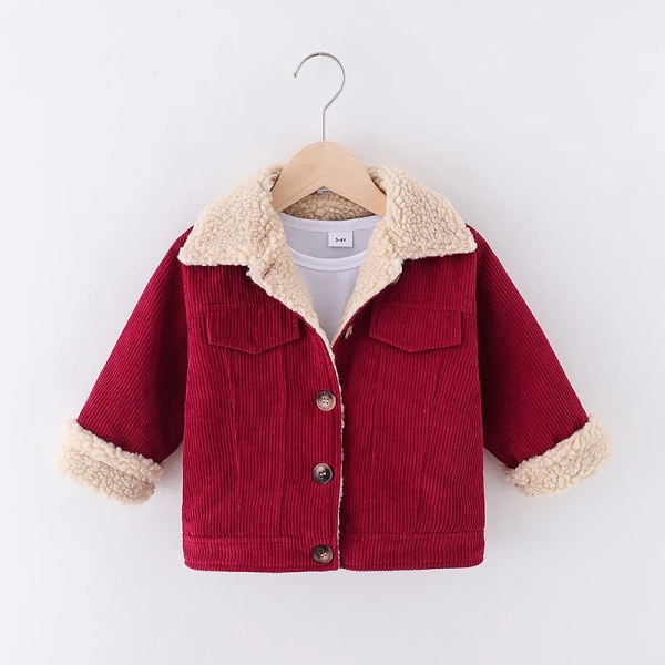 Toddler flicka/pojkerock Lapelkrage Knappdesign Fleecefodrade kappor för barn Vinter Ytterkläder Varma kläder Red 18-24 Months