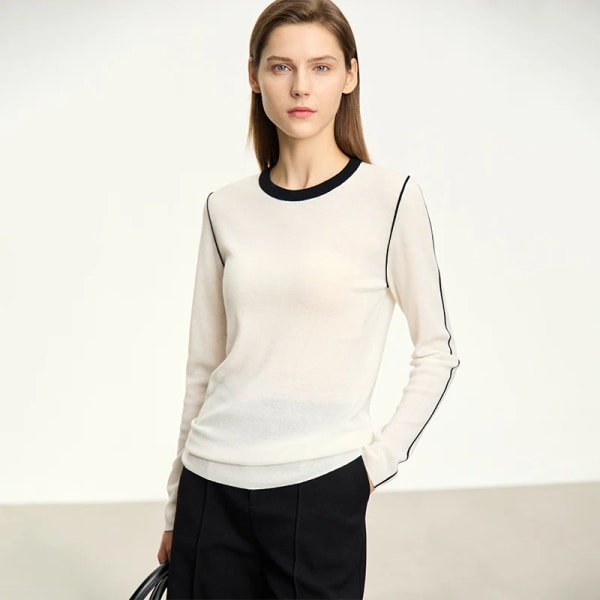 Minimalistisk 2023 höststickad tröja för kvinnor Ny skarvad rundhalsad topp med helärm Simple Slim Fit Pullovers 12343032 white XL