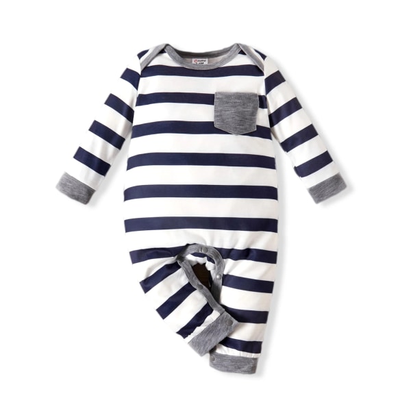 Sommar Baby Nyfödda Pojkekläder Mode Casual överallt Randig/ print Långärmad Romper Playsuit Dark Blue white 6-9 Months