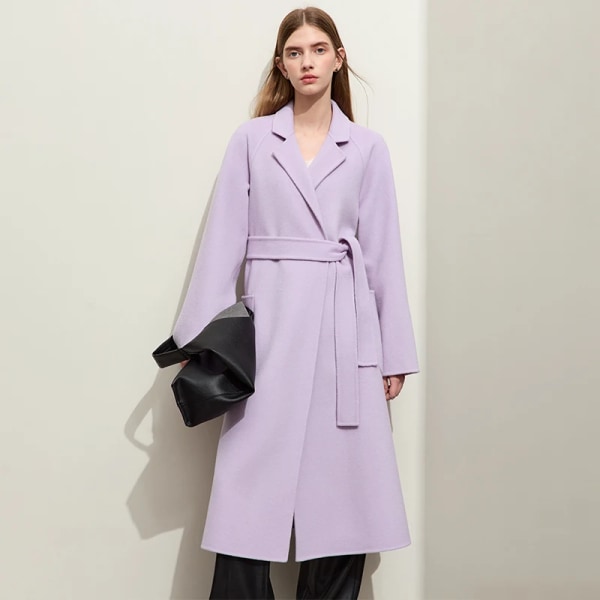 Minimalistisk ny fransk ullkappa för kvinnor 2023 vinterkavajkrage med bälte Vintage kvalitet mode långa blandningar 12324006 purple M