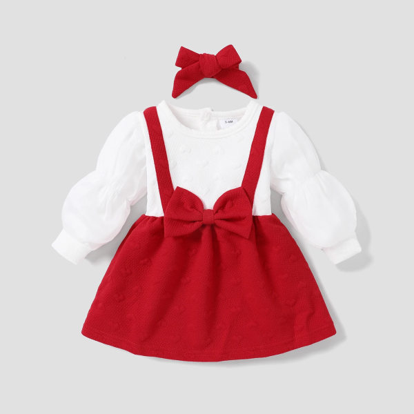 2st Baby Girl Love Heart Textured Long Puff Sleeve Faux-two Dress Set Red 18-24Months