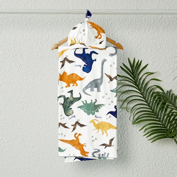 Family Allover Dinosaur Print Halvärmad bältad dräkt och swaddle filt eller bomullsbrev Grafiska kortärmade set Armygreen MenXL