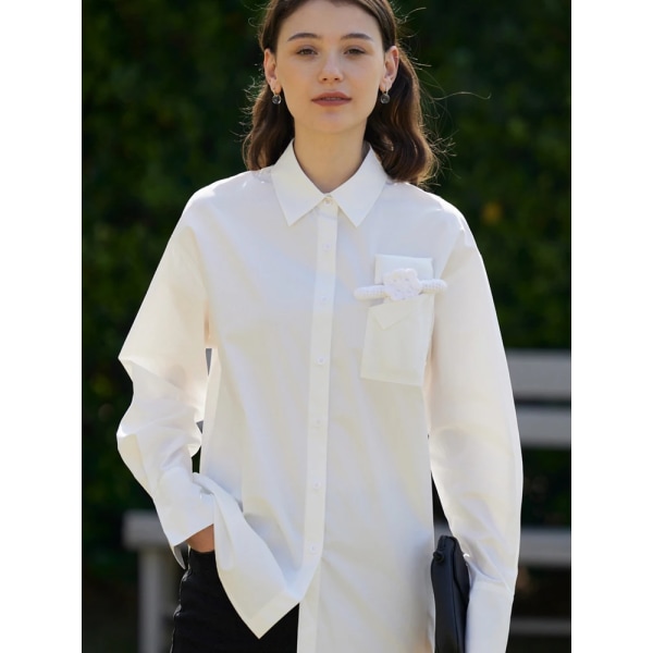 Minimalism Vit skjorta för kvinnor 2023 vårens nya design Wave Dot Culf Doll Bomullsskjorta Kontor Dam Mode Toppar 12341118 Off White S