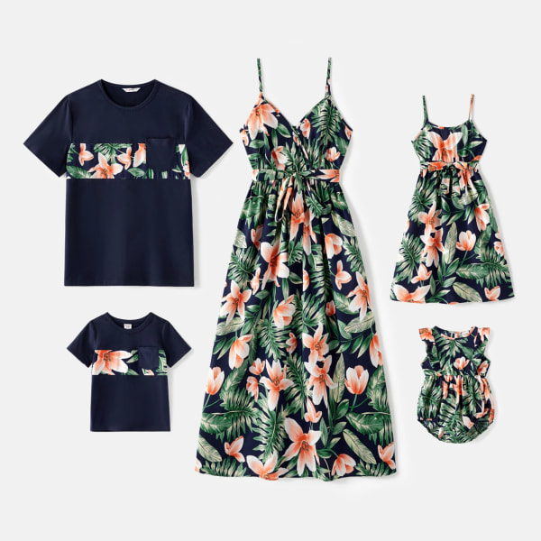 Familjematchande bomull kortärmade skarvade t-shirts och blommönster med print Cami-klänningar royalblue BabyGirl12-18M