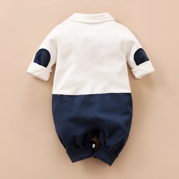 Romper i 100 % bomull Baby Color Block Pojkeimitation Långärmad Gentleman Lapel fluga Långärmad Jumpsuit Baby White 9-12 Months